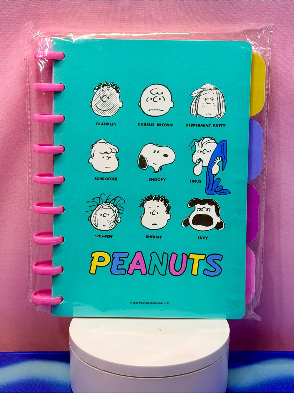 Peanuts Turquoise Notebook with Pink Binding and Multicolor Tabs